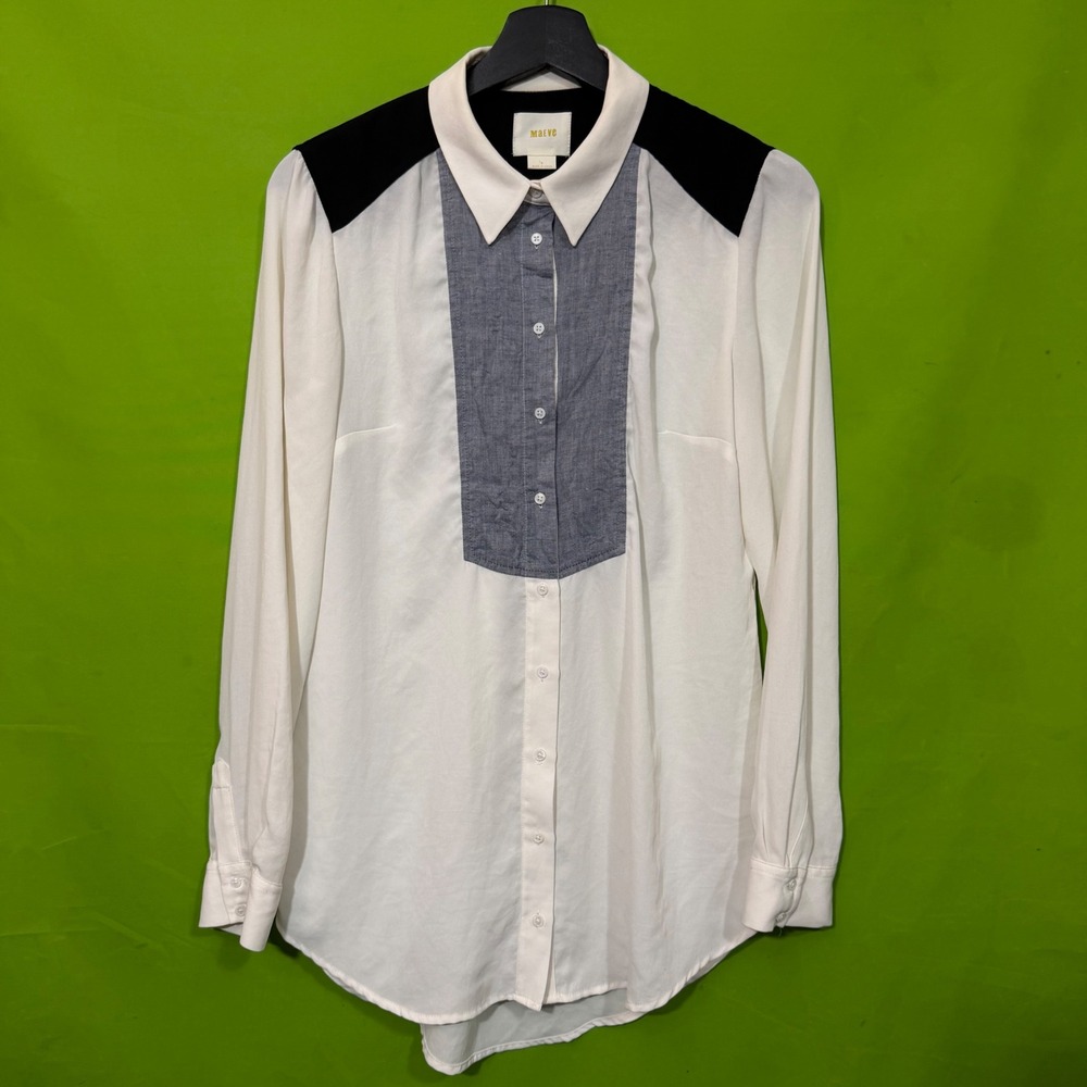 Maeve Anthropologie Colorblock Tuxedo Bib Button Down Shirt White Black Grey 6